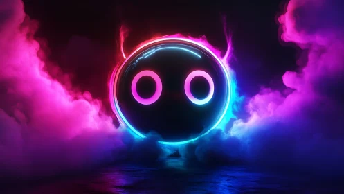 Neon emissive ring face in volumetric magenta cyan fog field.