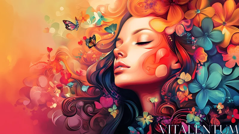 Dreaming muse adrift in a luminous whirlwind of blossoms.