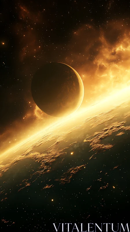 Planetary horizon with glowing sunlit atmosphere viewed from space.