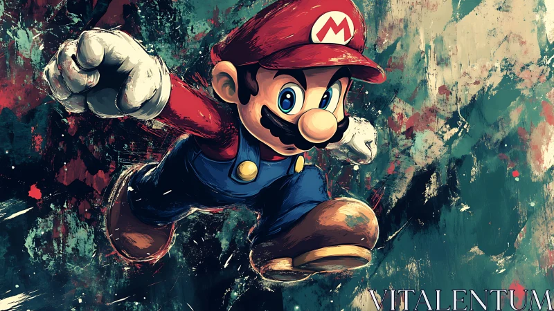 Bold jumping hero splashed with wild painterly energy.