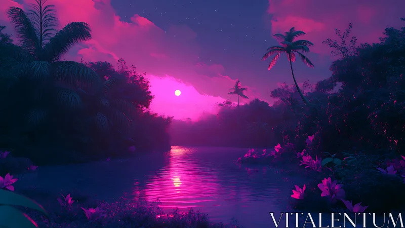 Neon tropical river under vivid magenta twilight sky.