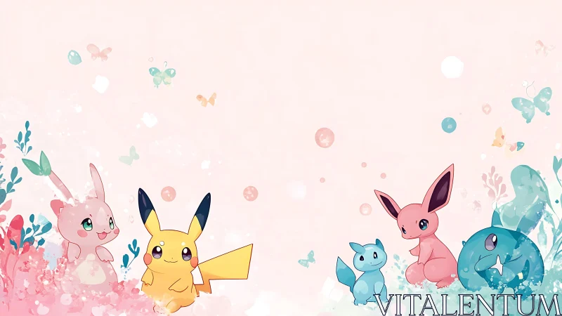 Anime pastel creature lineup with symmetrical floral framing.