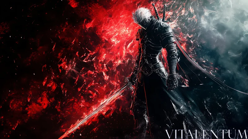 Armored spectral swordsman in bifurcated energy vortex field.