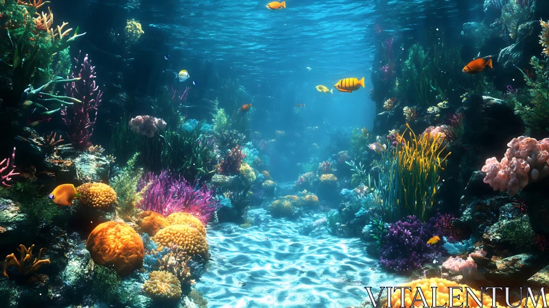 Sunlit coral canyon with vibrant tropical reef fish life.