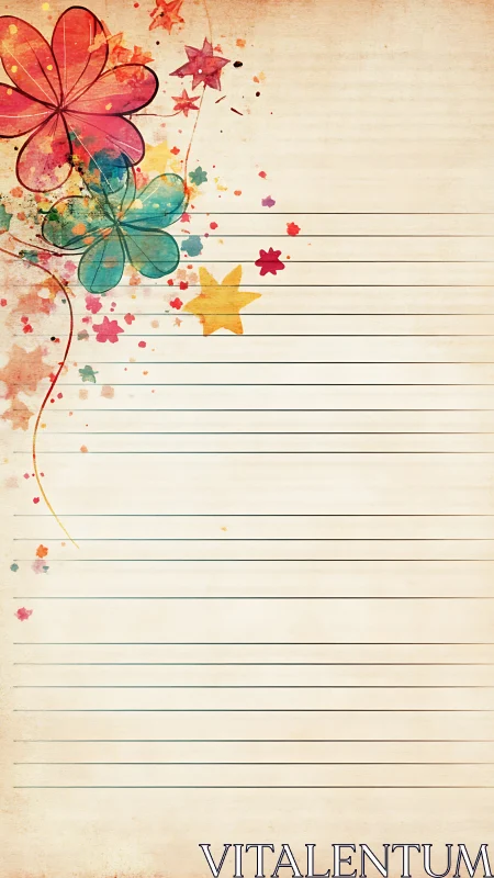 Soft watercolor flowers brighten a gently lined writing page