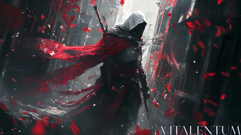 Hooded rogue strides through crimson storm of petals at dusk.