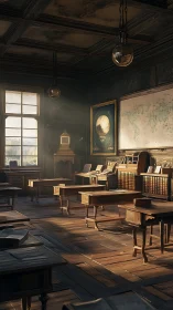 Sunlit vintage classroom interior with maps and globes.