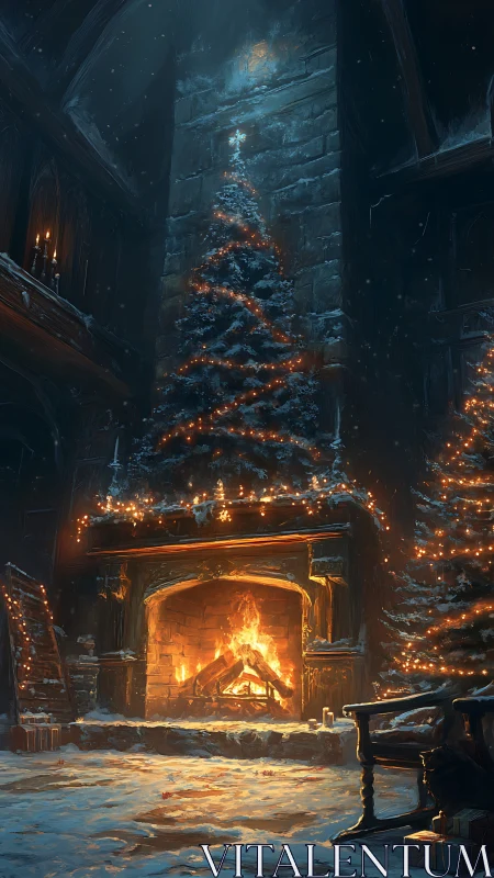 Cathedral-tall Christmas hearth where snowfall meets firelight.