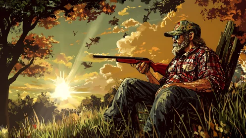 Rustic hunter resting beneath blazing autumn sunset sky.