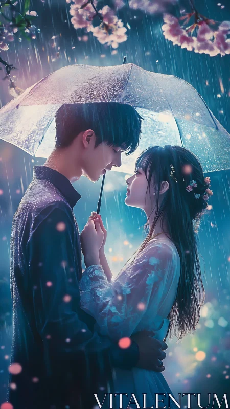 Young couple stands under umbrella in stylized night rain