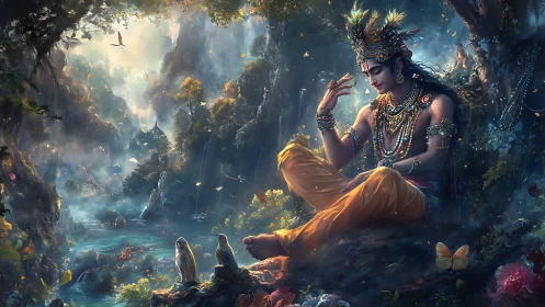 Divine figure sits in jeweled attire beside luminous river valley