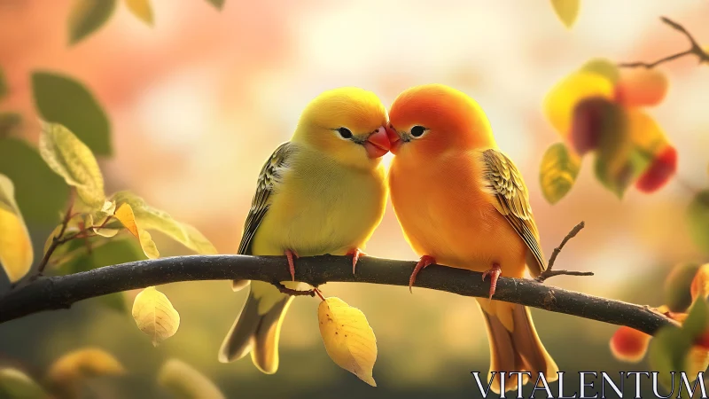 Two Colorful Lovebirds Perched on Branch in Soft Autumn Light.
