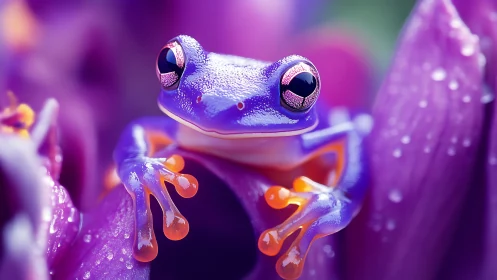 Curious purple frog nestles among glowing dewy petals