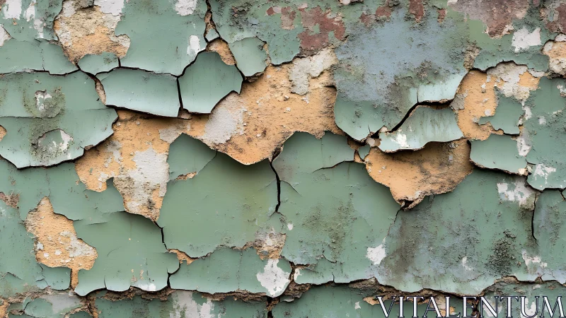 Weathered green paint peeling on old wall, rustic texture detail.