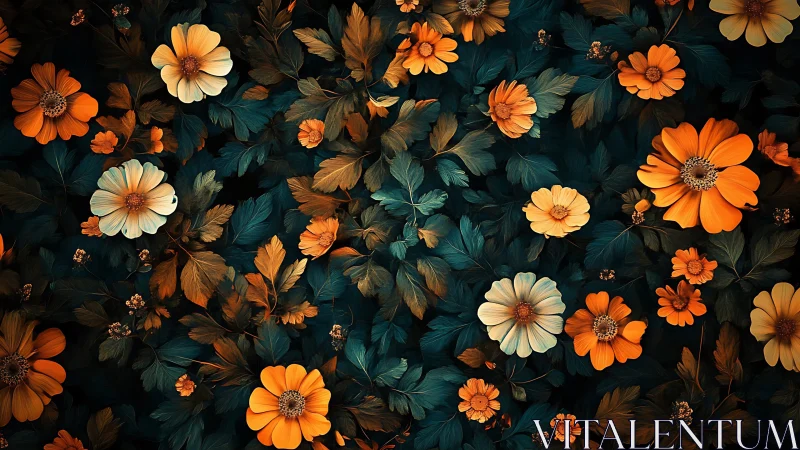 Macro floral array with teal foliage and orange cosmos blooms