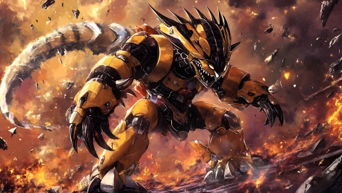 Armored mecha beast strides through burning battlefield.