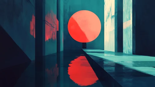 Geometric red sun glows in a surreal teal corridor.