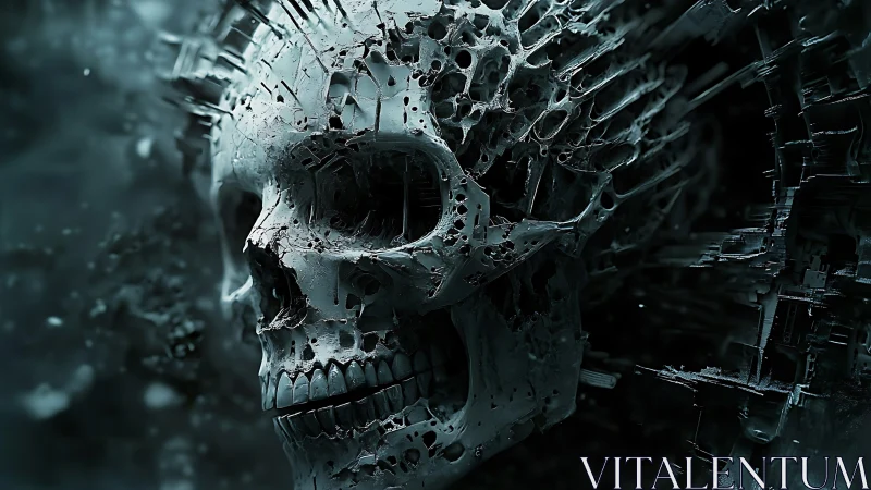 Fragmented cyber skull emerging from shadowed void.
