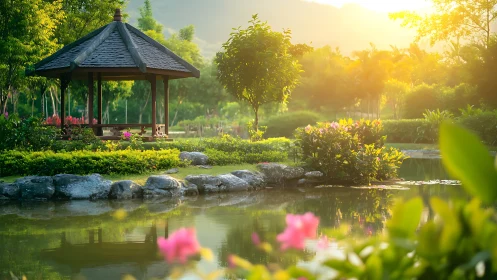Wooden garden gazebo beside pond in soft sunset light.