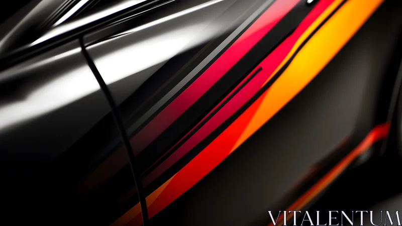 Sleek sports car close-up with vibrant racing stripes, modern look.