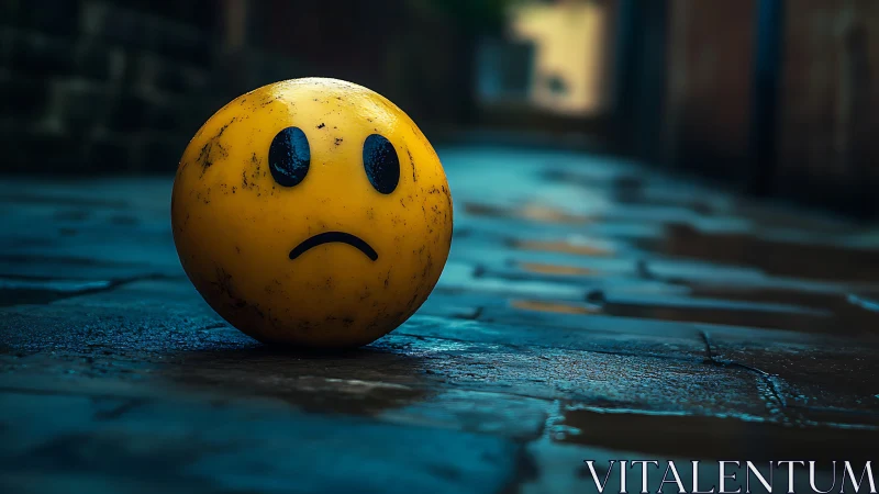 Yellow sad-face ball on wet cobblestone alley ground.