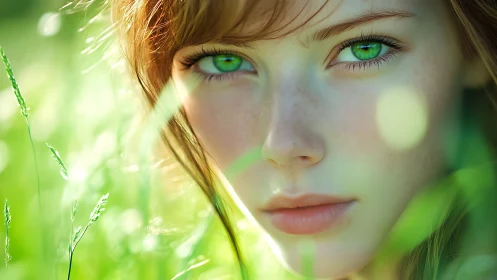Bright green gaze in sunlit meadow close-up portrait.