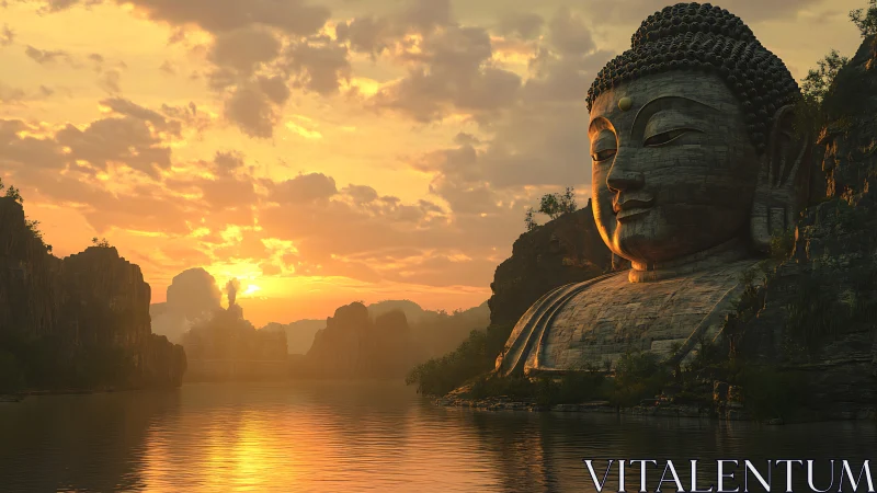 Golden sunrise welcomes a tranquil riverside Buddha guardian