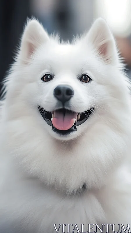Photorealistic portrait of white spitz dog in shallow depth of field.