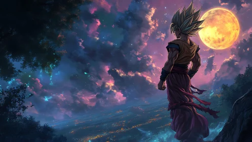 Cel-shaded warrior silhouette surveying neon-lit valley under supermoon