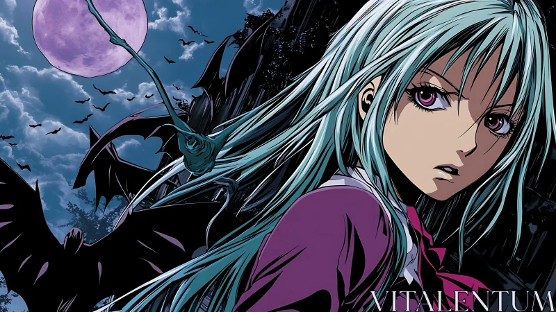 Nocturnal anime heroine amid bats and spectral moonrise field.