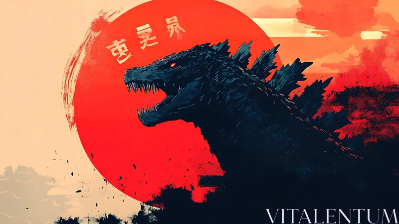 Colossal kaiju silhouette roars against a bleeding sun disk