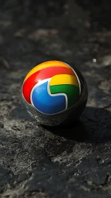 Chrome Logo Ball Rests on Concrete Ground.