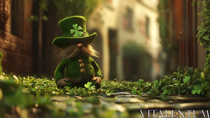 Small leprechaun figure on clover-lined cobblestone path.