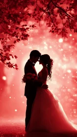 Backlit bridal couple silhouette under crimson bokeh canopy