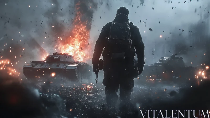 Soldier walks toward burning tank in bleak war zone scene.