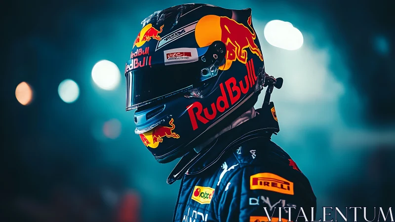 Race driver in Red Bull helmet under track lights.