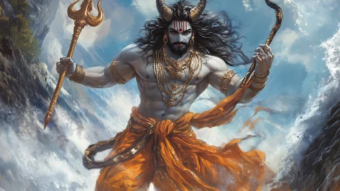 Horned warrior god stands in turbulent ocean with weapons