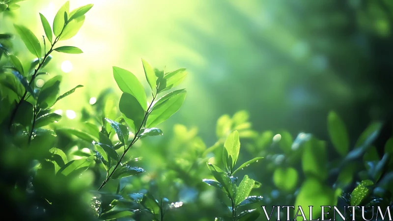 Lush green leaves in sunlight, nature photography with soft focus.