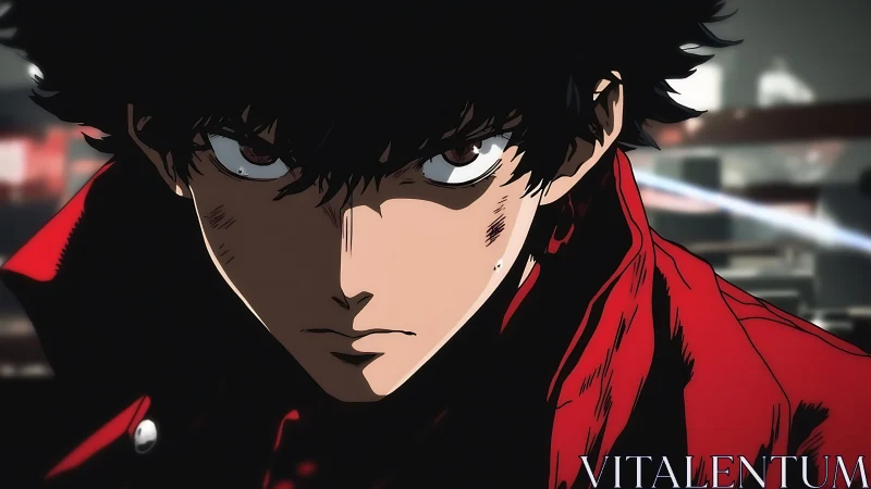 Fierce anime hero in red coat facing the city’s tension.