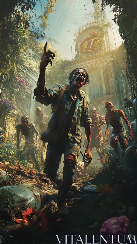 Decayed horde advancing through overgrown cathedral ruins.