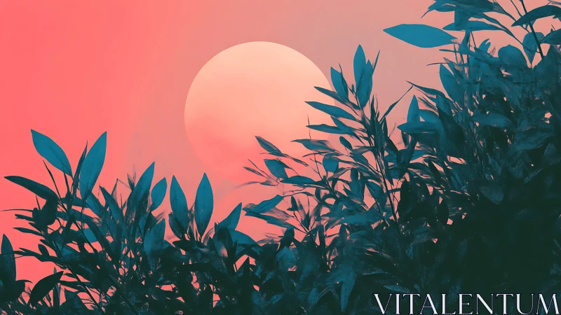 Dreamy sunset glowing behind tranquil leafy silhouettes.