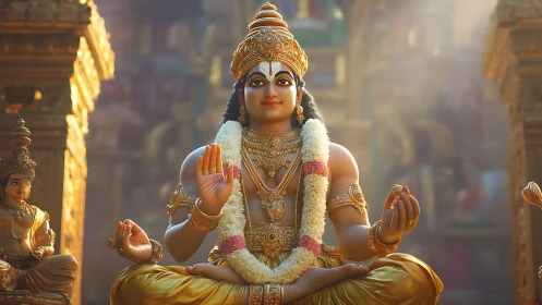 Golden Hindu deity statue sits in temple light with garlands
