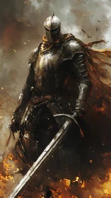 Armored knight strides through raging battlefield flames.