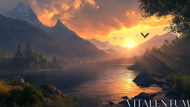 Sunlit mountain lake landscape with birds in flight at dusk.