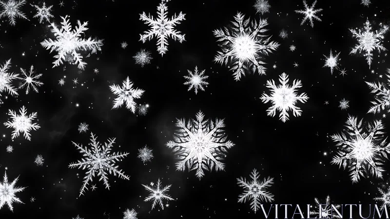 Intricate white snowflakes drift across deep black night sky.