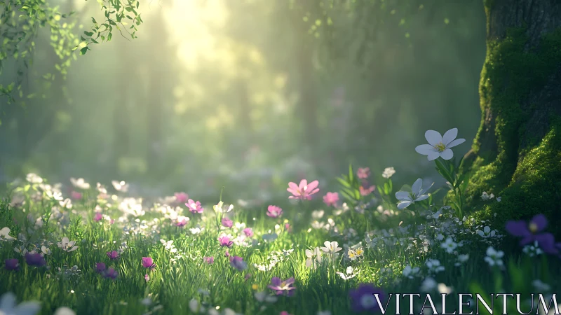 Soft volumetric light filters through dense forest wildflower meadow