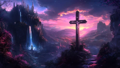 Luminous cross at sunset over a mystical valley landscape.