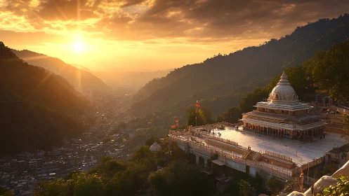 Sunset illuminates hilltop temple and valley settlement below