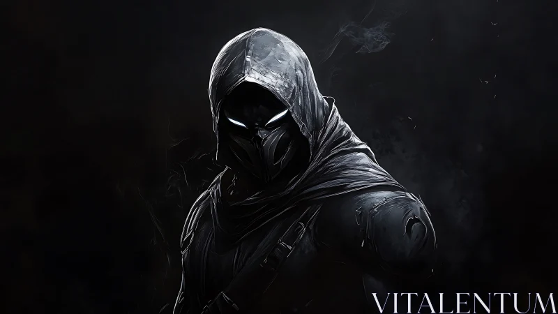 Hooded armored figure stands in low key digital composition