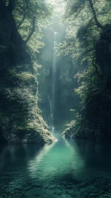 Verdant Canyon with Cascading Waterfall and Luminous Pool.